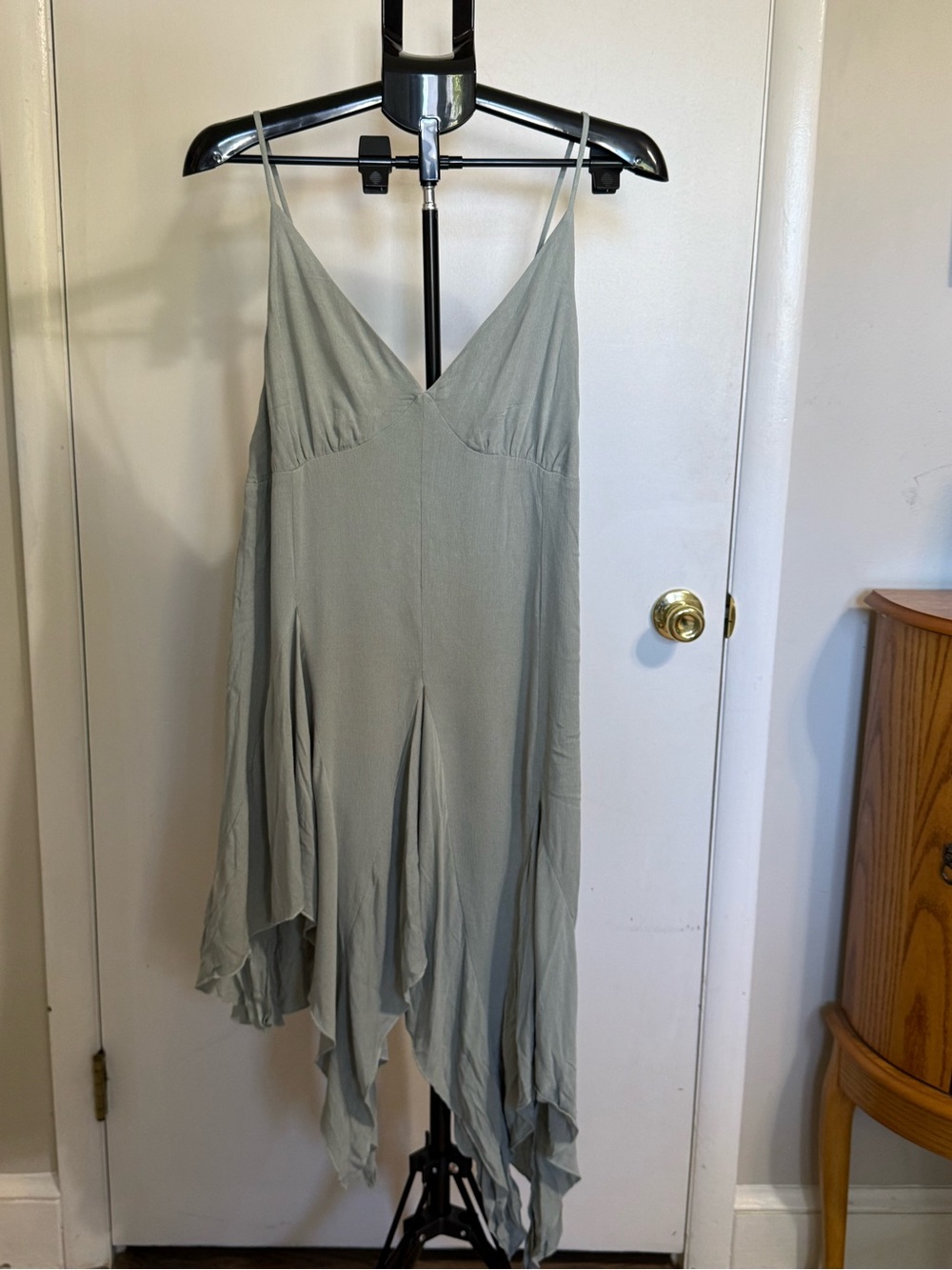 Sage Asymmetrical Slip Dress with V-Neck